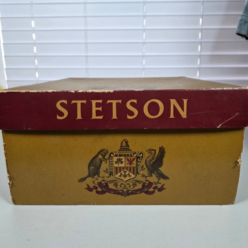 Stetson Fedora Mens 7 3/8 Dark Grey Royal De Luxe Gun Club Felt Feather Hat Box‎